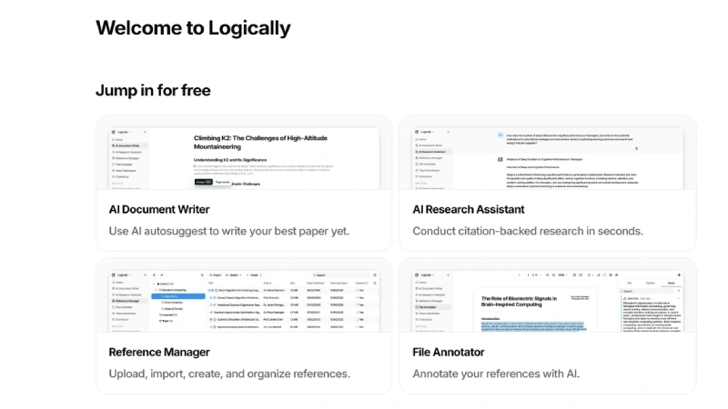 Logically AI Document Writer with citation sidebar, AI autosuggest and automatically generated bibliography