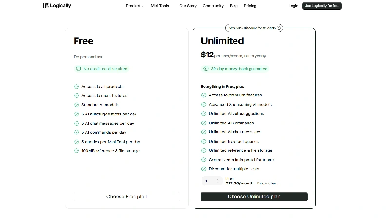 Logically pricing table comparing the Free plan and the Unlimited plan features
