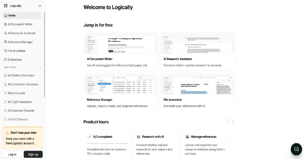 Logically Review home screen showing Reference Manager, Research Assistant, File Annotator and Document Writer tabs
