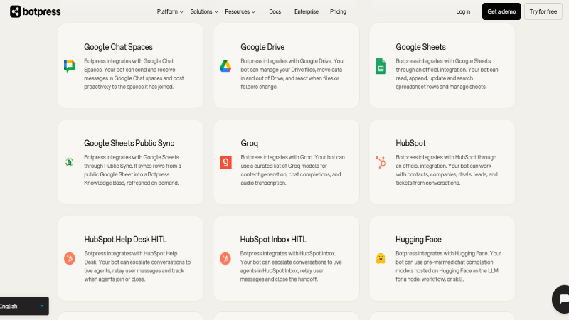 Botpress integrations with WhatsApp HubSpot Salesforce Slack and Google Workspace