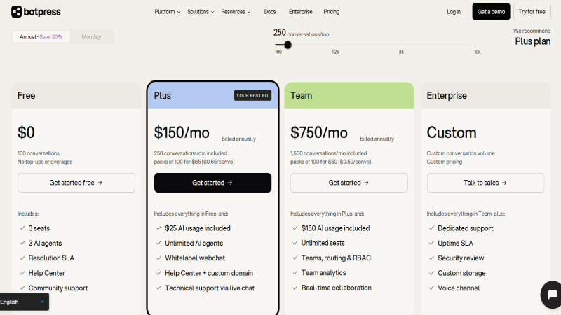 Botpress pricing 2026 showing Free Plus Team and Enterprise plans with monthly conversation limits