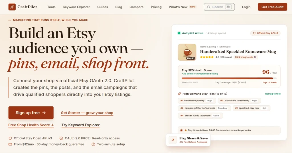 CraftPilot Review CraftPilot AI marketing dashboard for Etsy sellers showing shop analysis and marketing features