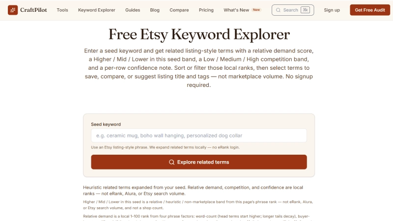 CraftPilot Etsy SEO tools showing keyword research listing analysis and tag recommendations