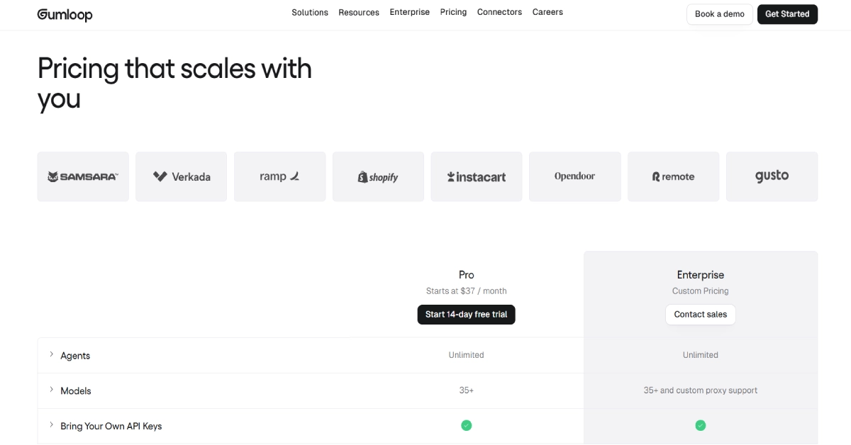 Gumloop pricing comparison showing Pro plan credits and Enterprise features