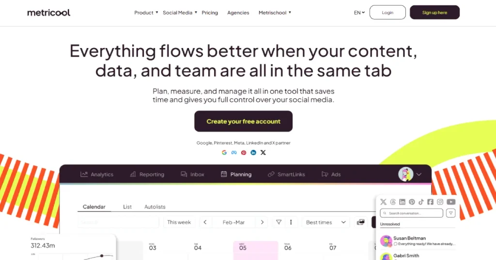 Metricool dashboard showing social media scheduling calendar and connected brand accounts