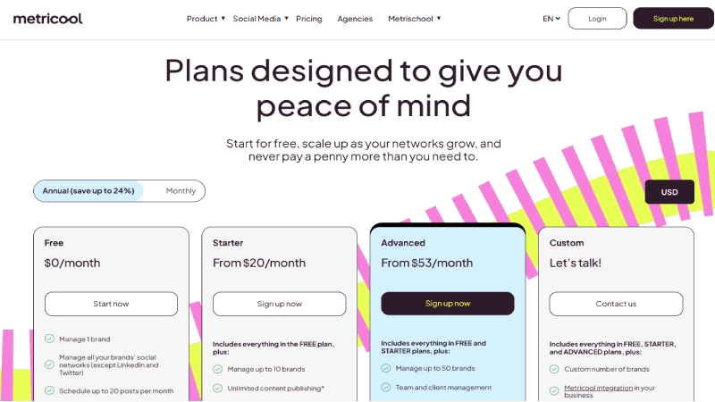 Metricool pricing 2026 comparing Free Starter Advanced and Custom social media management plans