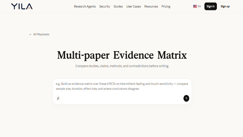 Yila AI literature review workflow showing research paper screening citations and evidence comparison