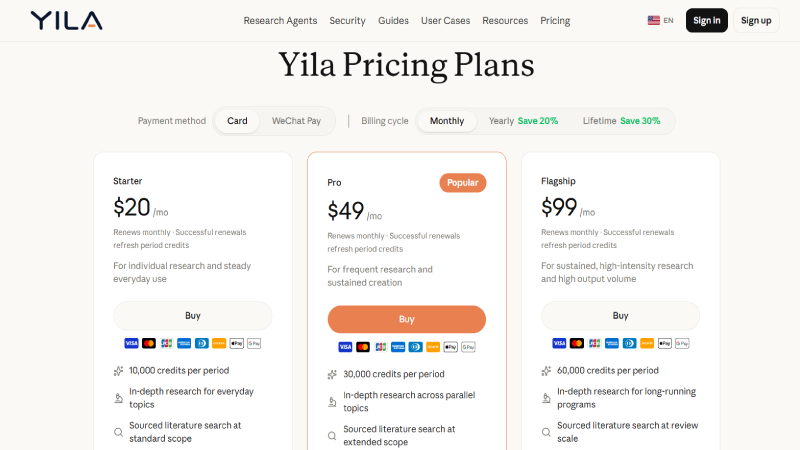 Yila AI pricing comparison showing Starter Pro and Flagship monthly subscription plans