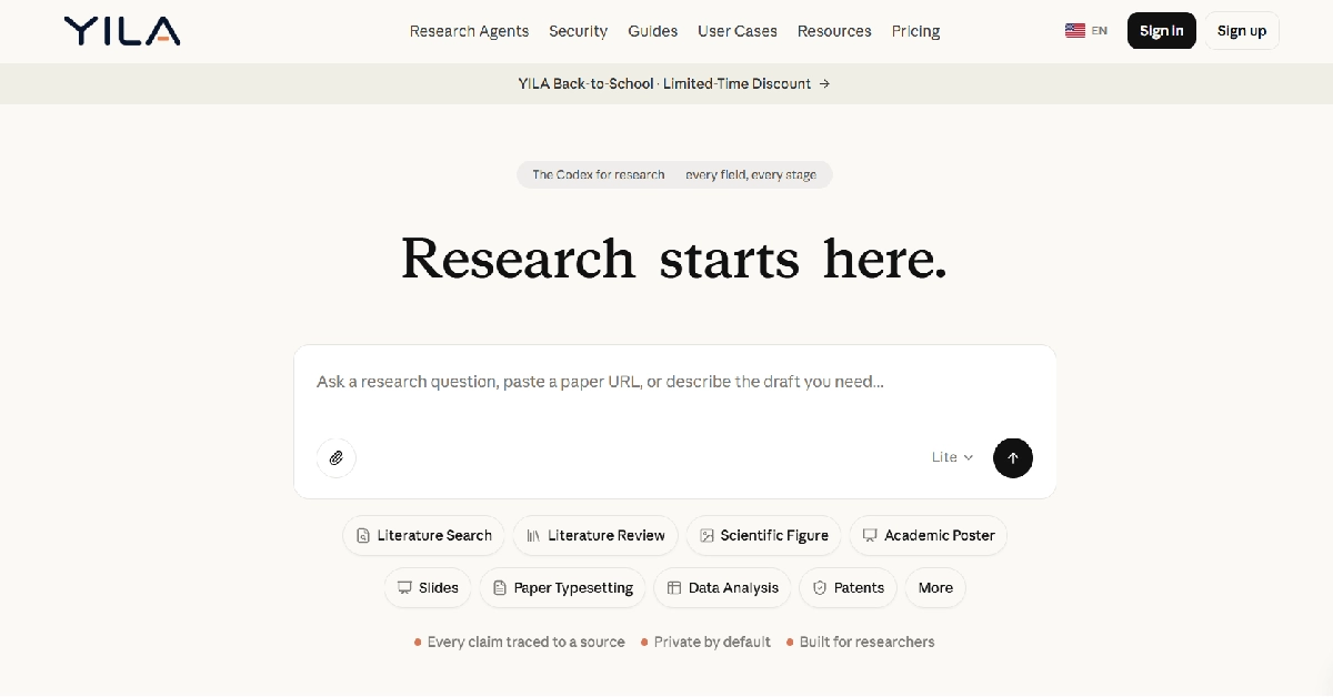 Yila AI research assistant dashboard showing literature search and academic research workflows